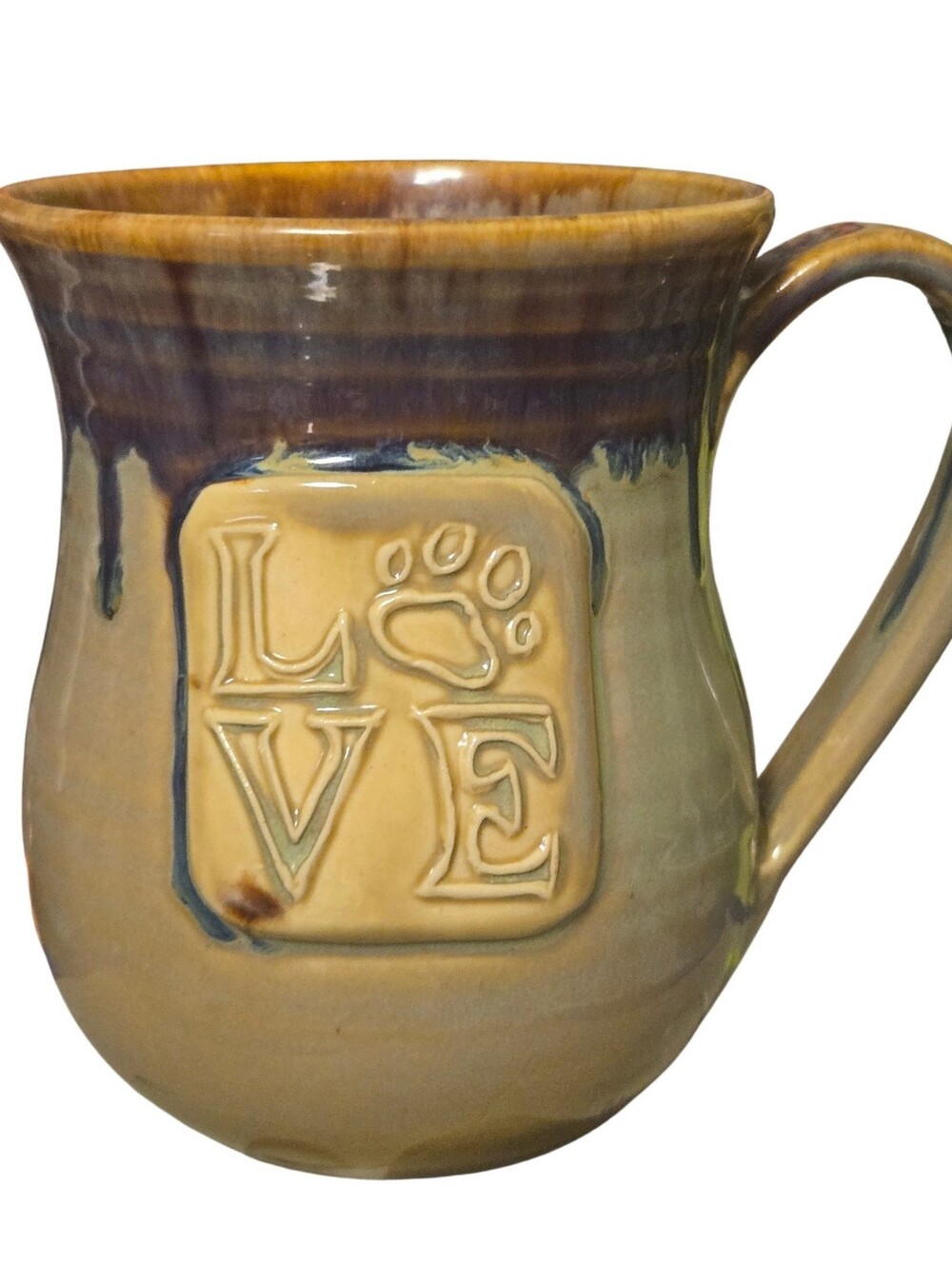 Artisian Crafted LOVE Paw Print Mug Rustic Stoneware Coffee Tea Mug 12 oz Brown